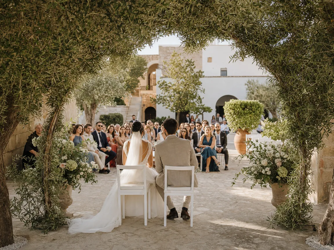 Cerimonia all'aperto sotto un arco di ulivi in una masseria
