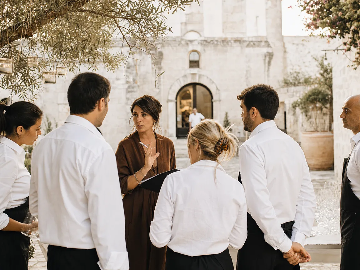 Giorgia dà le istruzioni allo staff del catering nel cortile della masseria