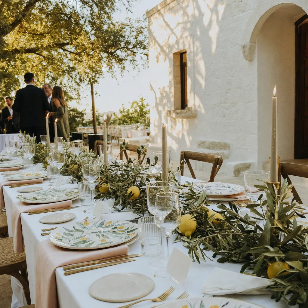 Tavola apparecchiata con piatti dipinti, rami d'ulivo e limoni