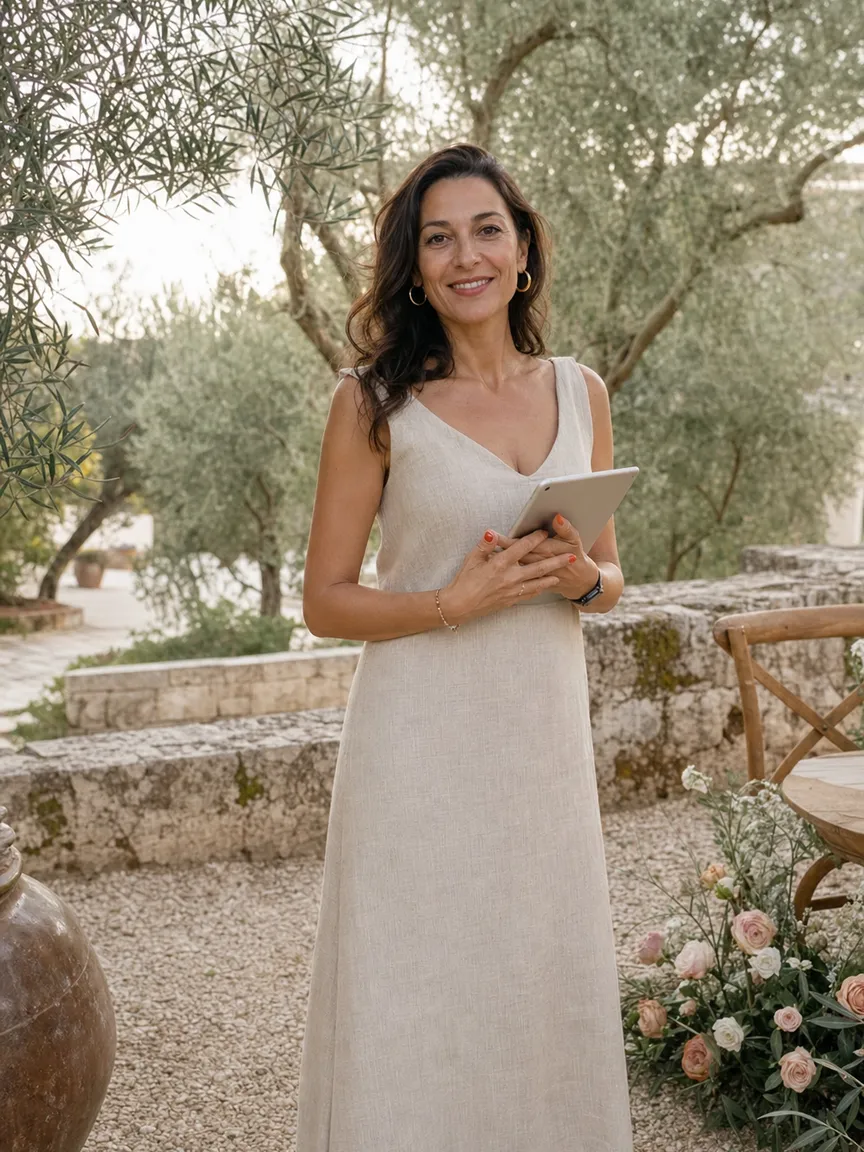 Giorgia Conti, wedding planner, in un uliveto