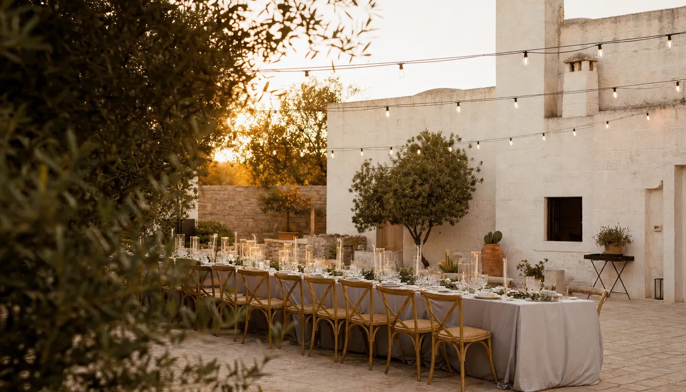 Tavola della cena di nozze nella corte di una masseria bianca al tramonto