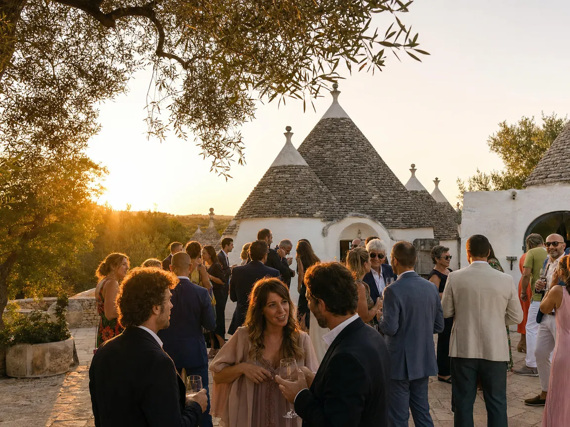 Ospiti all'aperitivo davanti ai trulli al tramonto